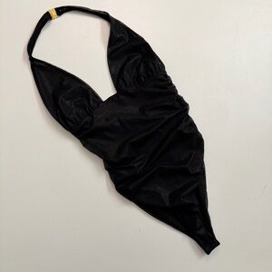 Oh Polly Bodysuit Halter Plunge Neckline High Cut Ruched Lightweight Lined Black
